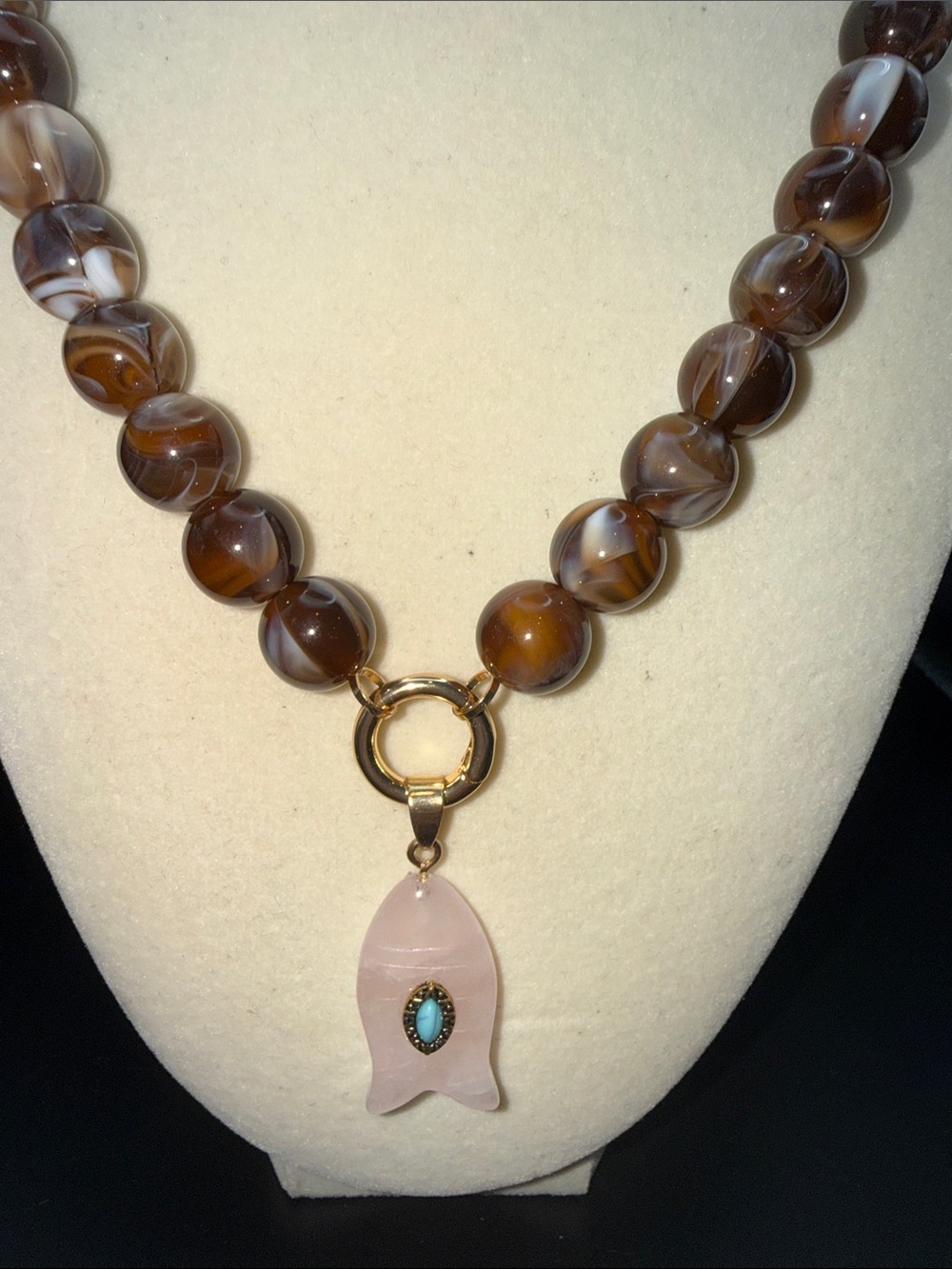 Beaded Brown stone Necklace with Rose Quartz Fish Pendant and Turquoise Accent